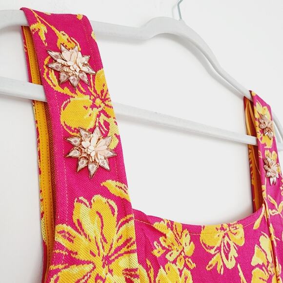 Zara Pink and Orange Floral Print Jaquard Dress with Jewel Accents Medium - Picture 4 of 8